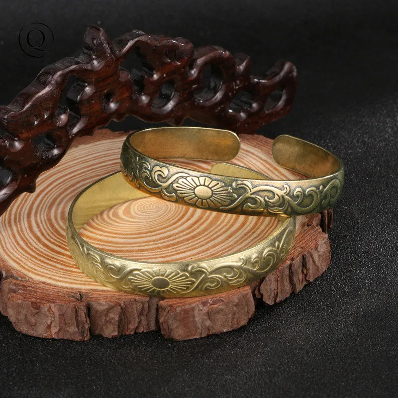 Ancient Brass Pattern Bangle Classic Pure Copper Open Bracelet