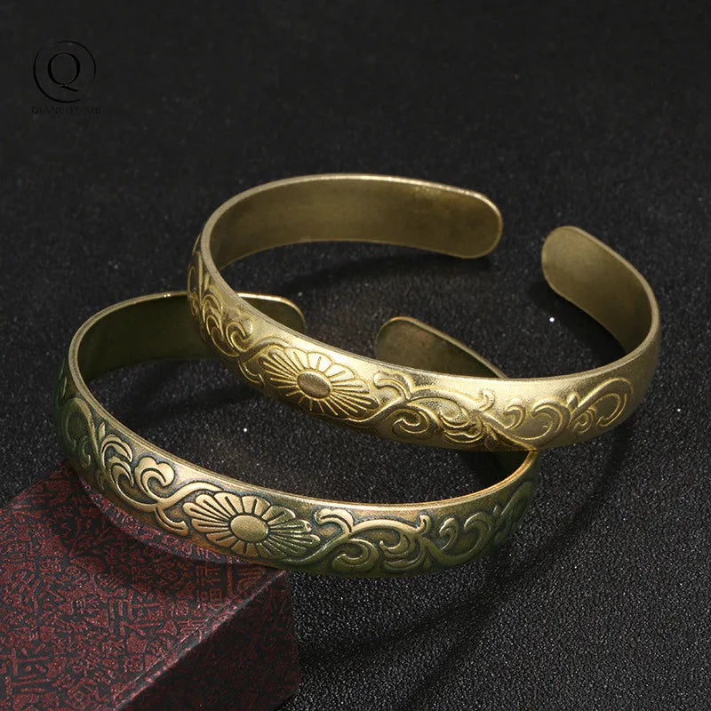 Ancient Brass Pattern Bangle Classic Pure Copper Open Bracelet