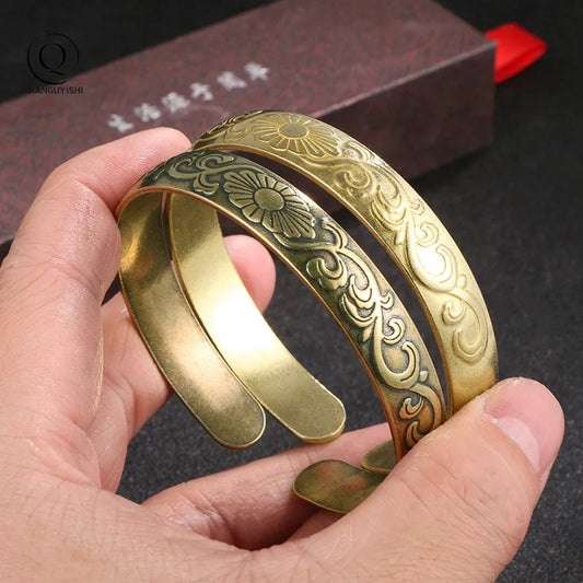 Ancient Brass Pattern Bangle Classic Pure Copper Open Bracelet