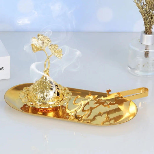 1 Set of Handheld Golden Small Incense Burner with Metal Tray