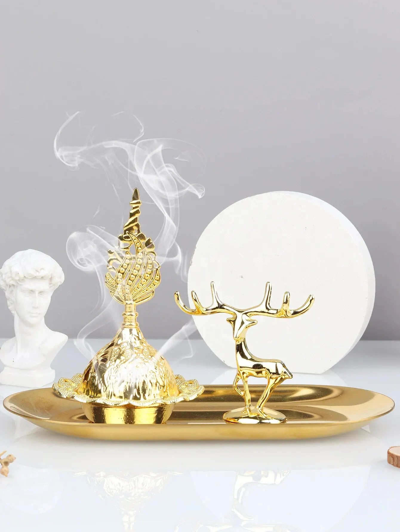 1 Set of Handheld Golden Small Incense Burner with Metal Tray