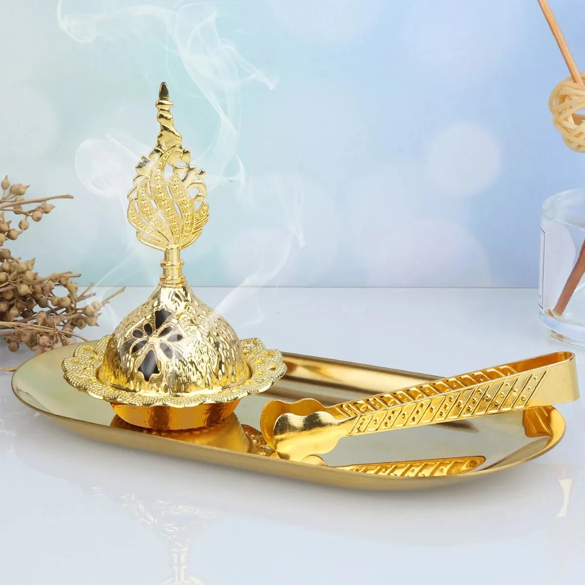 1 Set of Handheld Golden Small Incense Burner with Metal Tray