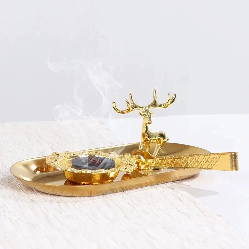 1 Set of Handheld Golden Small Incense Burner with Metal Tray