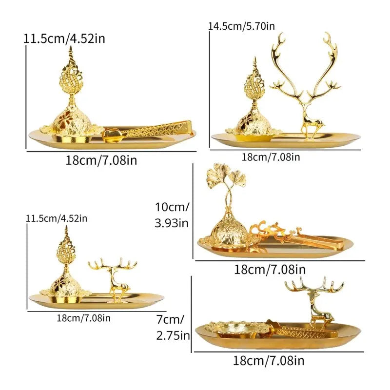 1 Set of Handheld Golden Small Incense Burner with Metal Tray